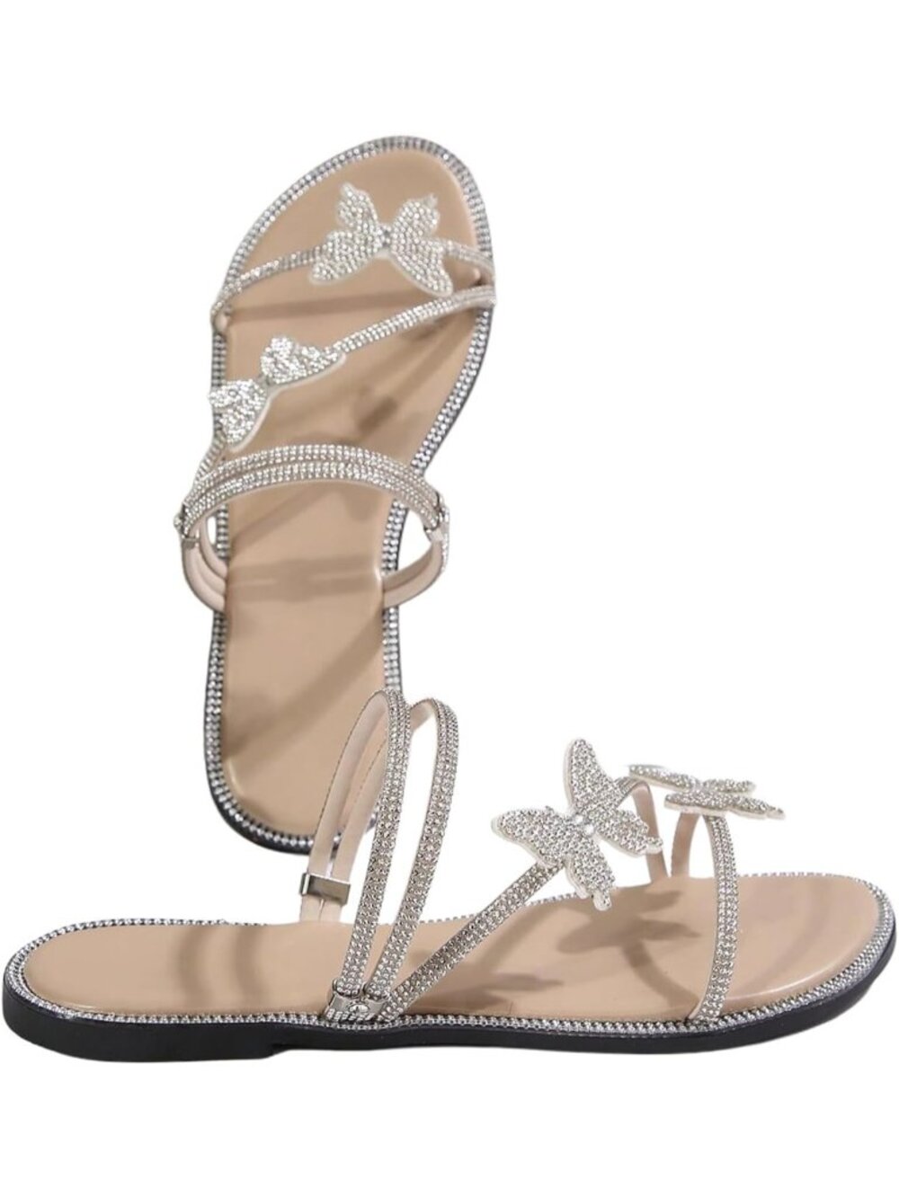 Women's Khaki Flat Loafers Sparkly Butterfly Strappy Open Toe Elegant Slides